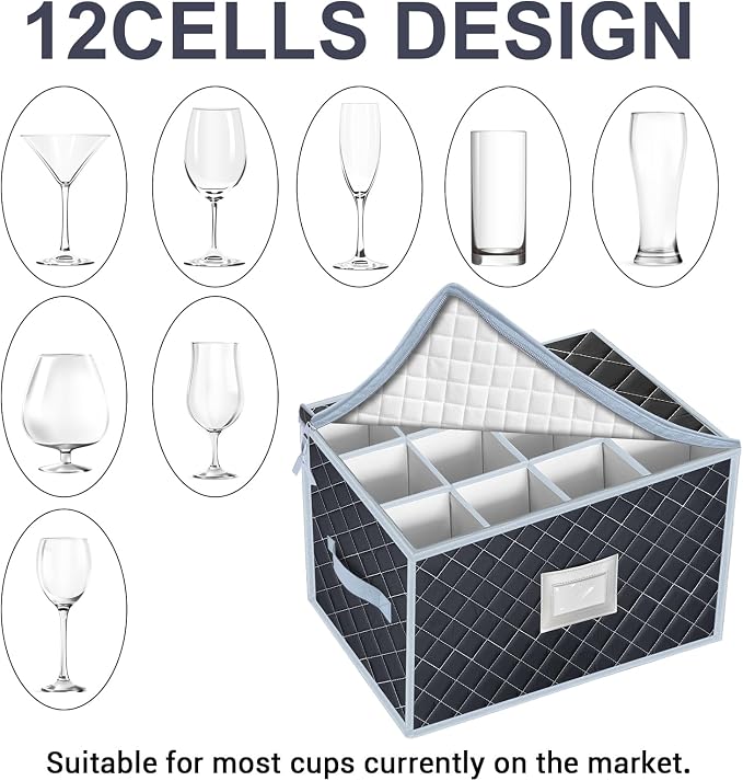 Wine Glass Storage Box with Dividers Holds 24 Stemware Storage Cases or China Crystal Glassware Containers with Handles and Lable Window (15.5" x 12.5"x10")-Set of 2 Grey - Image 4