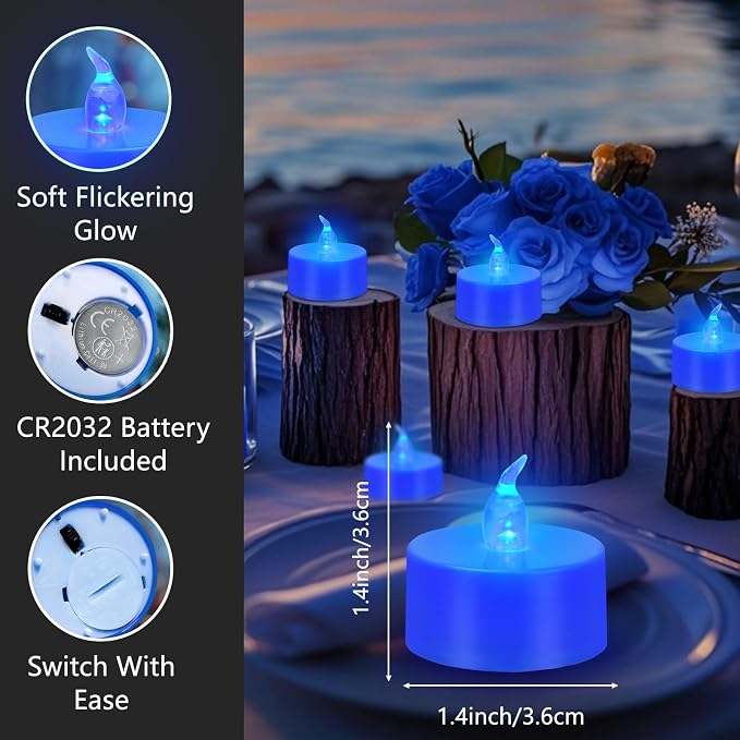 Tea Lights Battery Operated Candles LED Tea Lights Flameless Candles 200+ Hours Flickering Fake Tealights for Sweetest Day Wedding Home Decorations Party (Blue Base, 24 Pack) - Image 3