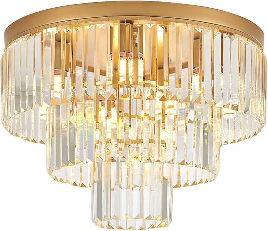 21.65" 10 Light Gold Crystal Ceiling Light for Dining Room | K9 Crystal, Stainless Steel, 3 Tier, E12 Base, Flush Mount, for Kitchen Island Living Room Bedroom Entryway by Faibra