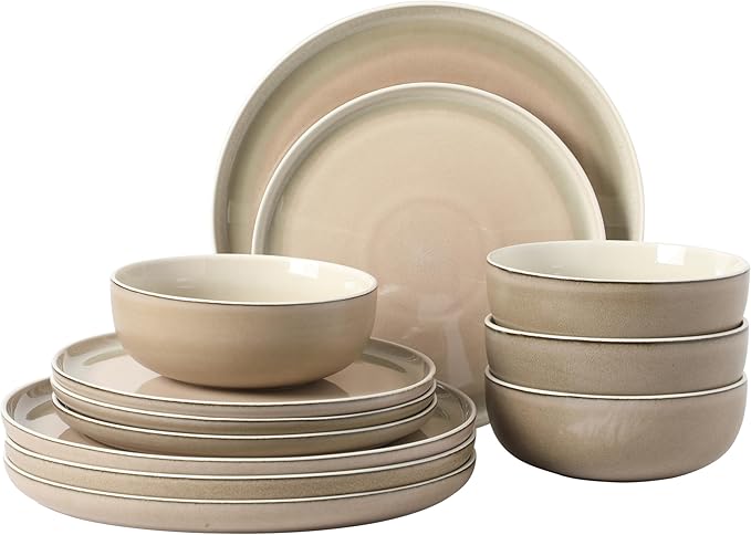 Gibson Elite Island Bay 12-Piece New Bone China Dinnerware Set Service for 4, Reactive Glaze Plates and Bowls, Dishwasher and Microwave Safe, Cream and Green by GibsonHomewares