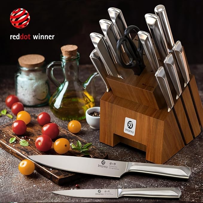 imarku 16-Pieces High Carbon Japanese Stainless Steel Kitchen Knife Set | Knife Set with Block|15°Precision Edge | 56±2 HRC Hardness | Built-in Sharpener|Ergonomic Handles|Gifts Mom & Dad - Image 2