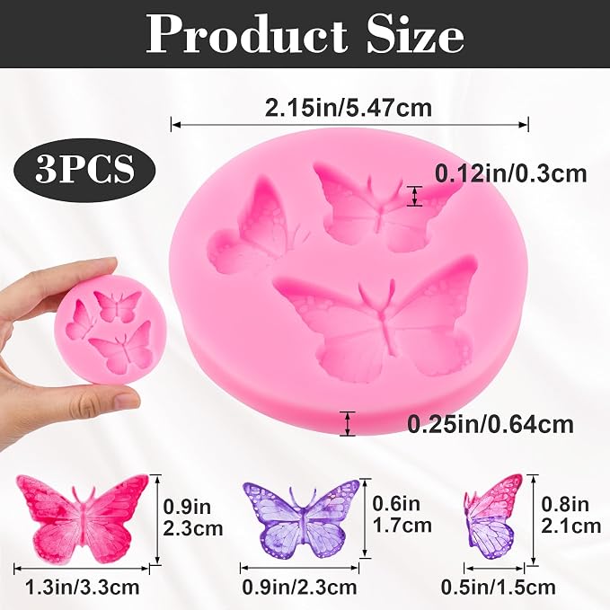 HINZIC 3PCS Mini Butterfly Silicone Molds, Polymer Clay DIY Crafts, Pink | Cute Fondant Cake Baking Chocolate Candy Cupcake Topper Desserts Decoration for Women Valentines Present, Style 1 - Image 2