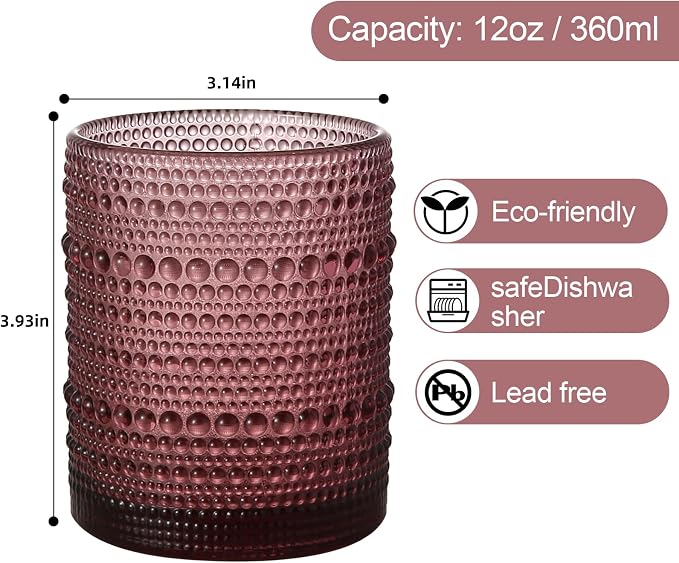 ZMOWIPDL Drinking Glasses Set of 6,12oz Purple Hobnail Glass Cups | Vintage Glassware，Embossed Water Tumbler,for Beer,Cocktail,Whiskey,Juice and Various Mixed Drinks- 1 Cleaning Brush - Image 2