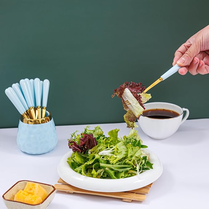 Dessert Fork Set,Ceramic Jar with 8 Small Forks for Fruit,Salad,Appetizer,Cake,Flatware Set (Light Blue jar+8 forks)