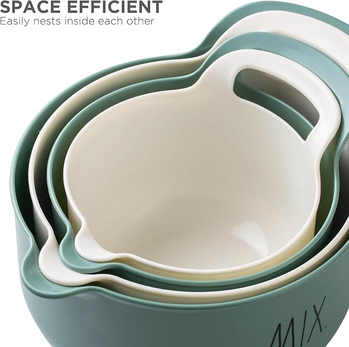 Rae Dunn Non-Slip Mixing Bowls - 4 Piece Nesting Plastic Mixing Bowl Set with Pour Spouts and Handles-Measurement Markings (Sage) - Image 6