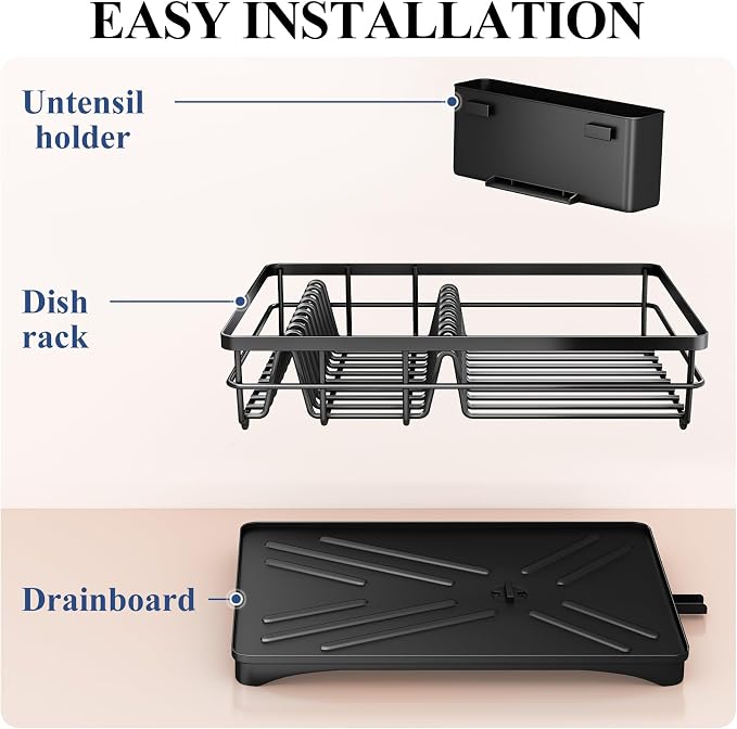 SNTD Dish Drying Rack for Kitchen Counter, 11.8" W x 16.7" L, Black | Rustproof Stainless Steel, Large Capacity, Self-Draining Drainboard, Rotating Spout, Removable Utensil Holder - Image 7