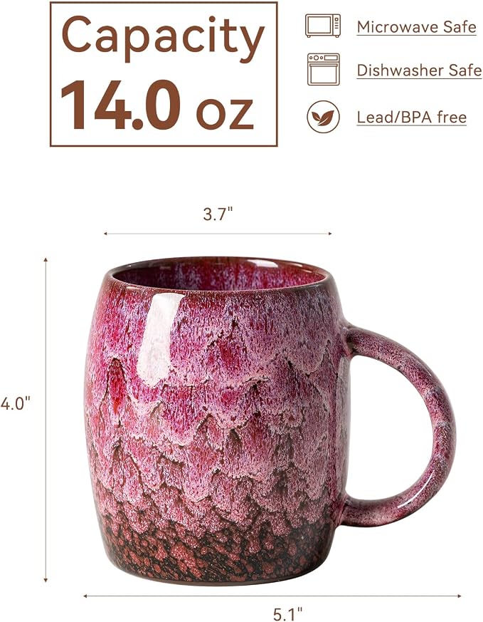 Roseate Nebula Ceramic Coffee Mug - 14 oz Unique Reactive Glaze Coffee Cup with Artful Handle, Barrel Cute Mug for Women Men Home Office Gift Box - Image 8
