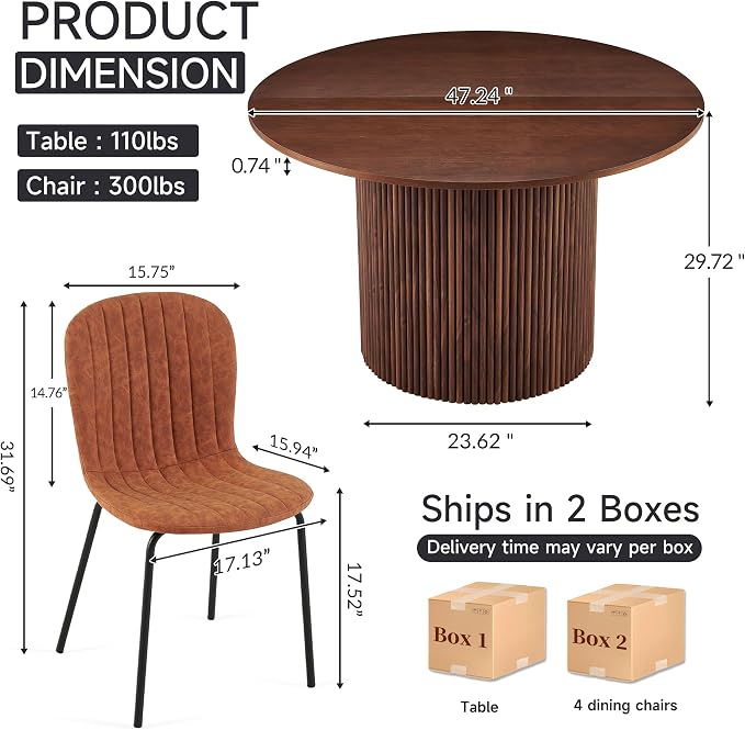 Round Dining Table Set for 4, Mid Century Modern Wooden Kitchen Table and Chairs, Space-Saving Small Dinette Set (47 Inch Walnut Table+4 Brown Chairs) - Image 2