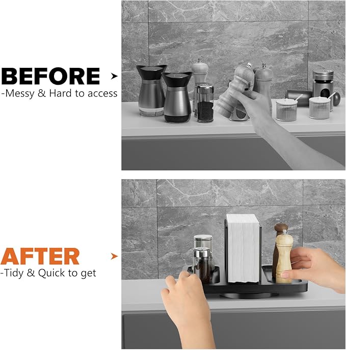 Rotating Napkin Holder for Table with Salt Pepper Shakers Caddy, Black | Bamboo Standing Napkin Dispenser, Metal Paper Napkin Storage for Bathroom Home Kitchen Farmhouse Decor Not Including Shakers - Image 6