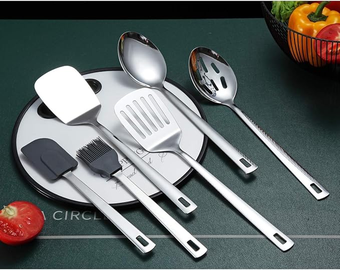 Cooking Spoon, Berglander 6 Pieces Spatula Set Stainless Steel, Metal Spatula, Serving Spoon, Kitchen Tools Set Non-Stick And Heat Resistant, Dishwasher Safe, Easy to Clean (6 Packs) - Image 2