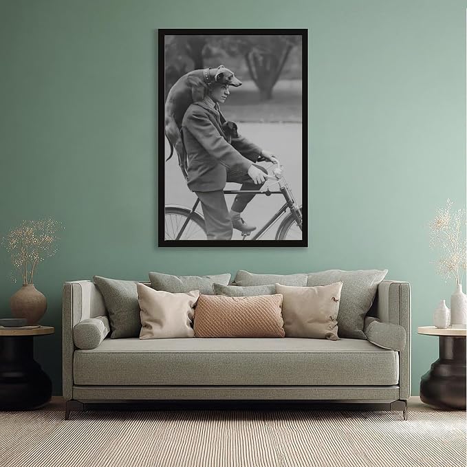 Man on Bike With Two Dogs Portrait, Vintage Dachshund, Black And White, Old Photography Poster Canvas Poster Wall Art Decor Print Picture Paintings for Living Room Bedroom Decoration Black Frame 16x24 - Image 5