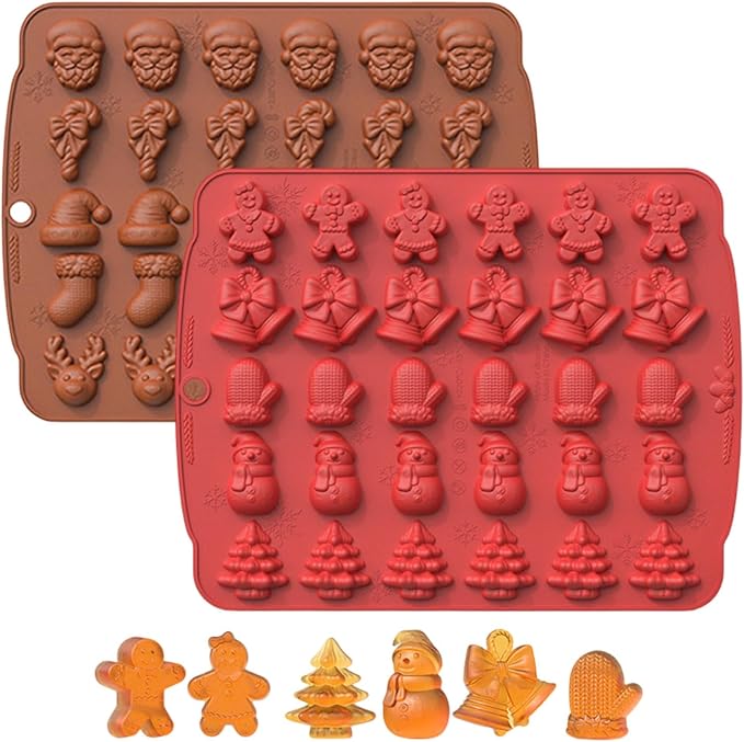 2 Pcs Christmas Silicone Molds 3D Christmas Chocolate Silicone Mold 60 Cavity Small Baking Molds with Elk Snowman Bells Shape Molds Used for Making Candy Jelly Ice Cube Dog Treats