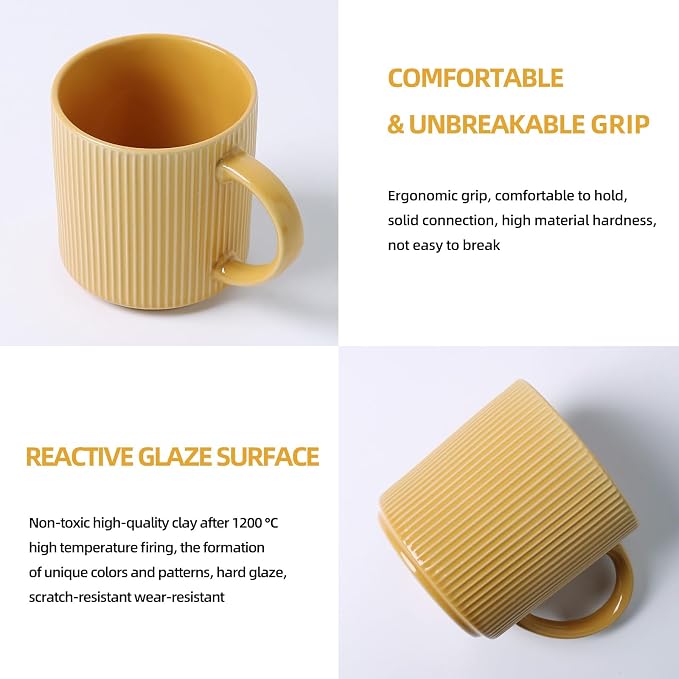 MONITO 16Oz Coffee Mugs Set of 6, Rustic Ceramic Coffee Cups Set with Large Handle, Vintage Striped Stoneware Coffee Mugs for Latte, Cocoa, Tea, Milk, Microwave & Dishwasher Safe, Lemon Yellow - Image 5