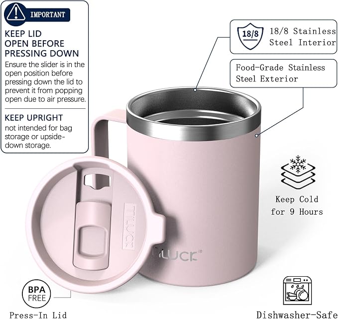 TILUCK 12 oz Insulated Coffee Mug with Lid and Handle | BPA-Free Lid, Double-Wall Vacuum Insulation, Stainless Steel Coffee Cup, Dishwasher Safe Mug for Hot & Cold Drinks, LightPink - Image 2