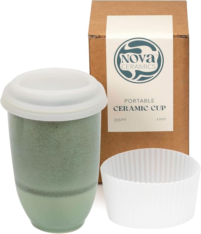 NOVA CERAMICS Travel Mug – Travel Coffee Tumbler – On the Go Coffee Mug – Microwave & Dishwasher Safe Green CoffeeTumbler - Gifts for Women Men Him Her – 12oz – Emerald by NovaCeramics