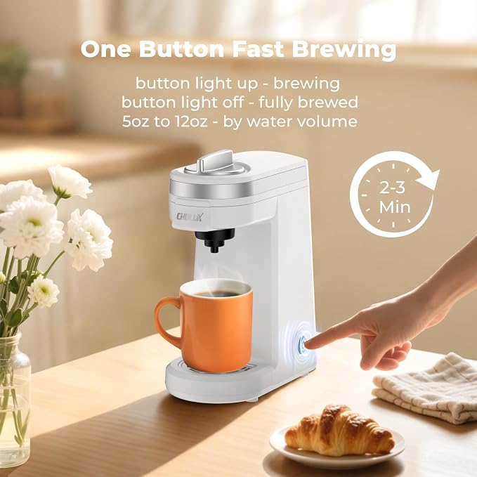 CHULUX Mini Single Serve Coffee Maker, Portable Pod Coffee Machine, White | Fast-Heating Boiler System, Single Cup Brewing, Portable Compact Design, Four-Hole Multi-Stream Needle, Adjustable Drip Tray - Image 4