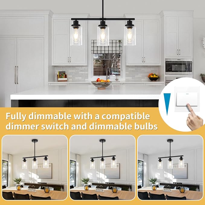 Modern Island Lights for Kitchen Black Dining Room Light Fixtures | 3-Light Linear Chandelier Over Table, 21.25'' Farmhouse Kitchen Island Lighting Clear Glass Shades, Adjustable Height - Image 9