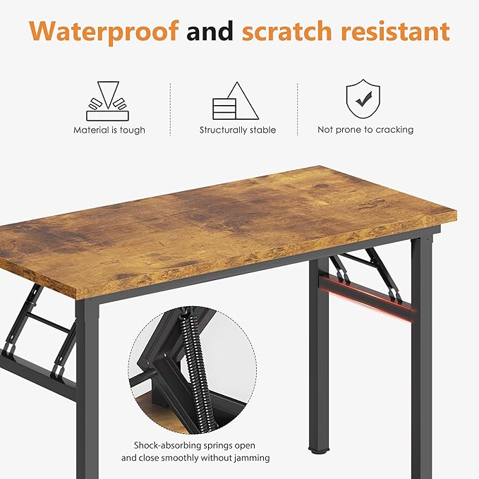 DlandHome 59.8 Inch Large Folding Computer Desk, Fully Assembled, Retro | Foldable Writing Table, Portable Activity Conference Table for Home Office, Wood Top Metal Frame, Collapsible Easy Storage - Image 6