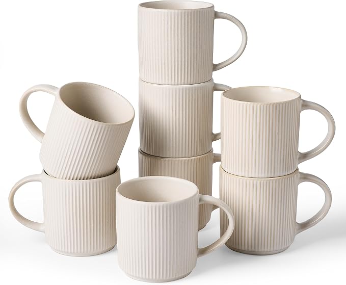 famiware Coffee Mug Set for 8, Star 12 oz Catering Mugs Cup Set with Handle for Coffee, Tea, Cocoa, Milk - Ceramic Stoneware Drinkware Set, Matte White by Famiware