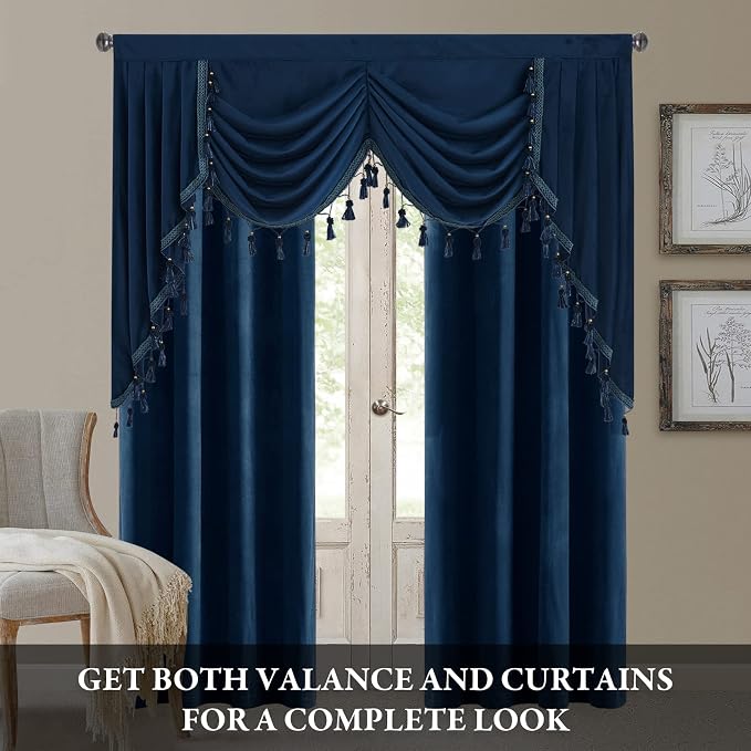 Navy Blue Waterfall Velvet Valances Curtains W59 inches, 1 Panel | Rod Pocket Waterfall Valance, Thermal Curtain Tiers, Vintage Style Match Home Decoration for Bathroom, Bay, French Door - Image 3