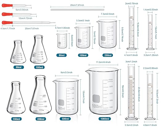 Frienda 20 Pcs 50/100/250/500/1000ml Lab Glassware Beaker Set Include Graduated Cylinder, Glass Beaker Set, Glass Dropper, Stirring Rod, Measuring Cups for Laboratory Science Chemistry Supplies - Image 2