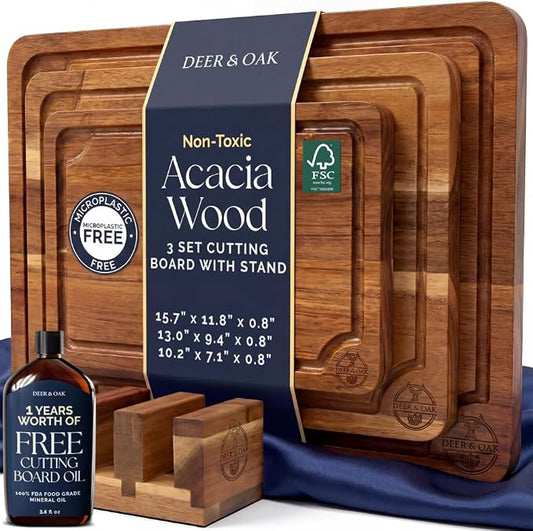 Pre-Oiled, Non Toxic 3-Piece Acacia Cutting Board Set with Stand | 15.7 x 11.8 in, 13 x 9.4 in, 10.2 x 7.1 in · FSC certified · Includes 3.4 fl oz oil · Deer & Oak by DeerOak