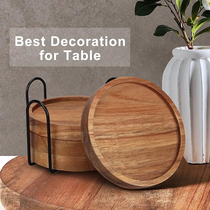 Wood Coasters Set of 4 Farmhouse Outdoor Coster for Drink Patio Table Decor | Cute Wooden Coaster with Holder Rustic Coffee Bar Accessories Kitchen and Dining Room Decoration Aesthetic Cool Cup Coasters - Image 6
