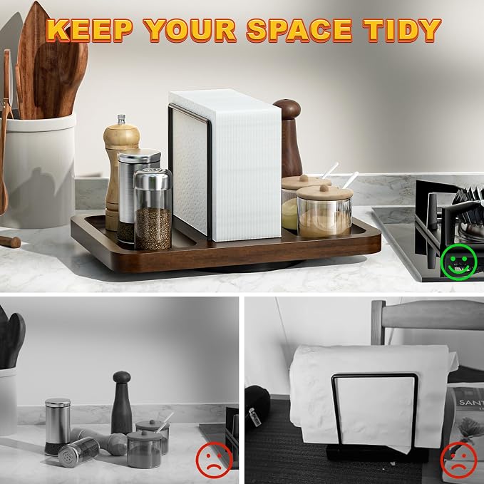 Rotating Napkin Holder for Table with Salt and Pepper Shakers Caddy | Standing Napkin Dispenser, Wood Paper Towel Holder for Bathroom Kitchen Dining Table Decor - Image 5