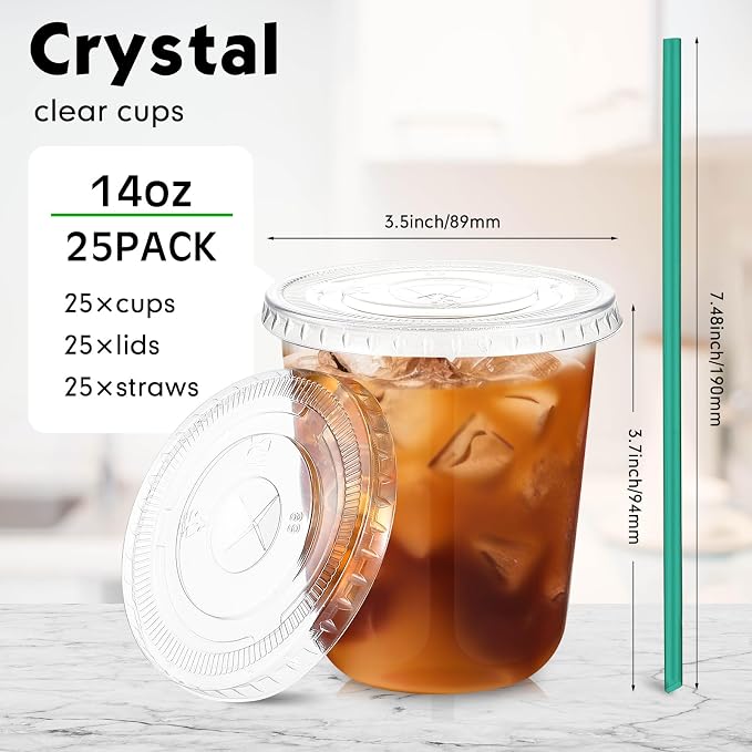 Baderke 25 Set Plastic Cups with Lids and Straws, Disposable Plastic Iced Coffee Cup for Cold Beverage Juice Smoothie Crystal for Coffee Shops Party Catering(Clear,14 oz) - Image 3