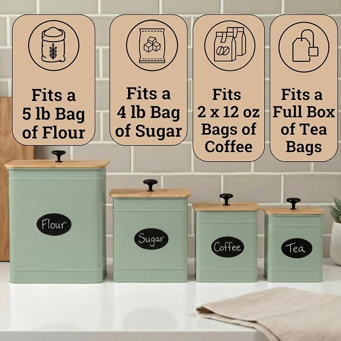 Kitchen Canisters for Countertop Set of 4 w/ Chalkboard Labels & Marker Pen | Airtight Easy Open Bamboo Lids, Dent-Resistant Thick Metal, Customizable Chalkboard Labels, Marker Pen Included, Set of 4 - Image 3