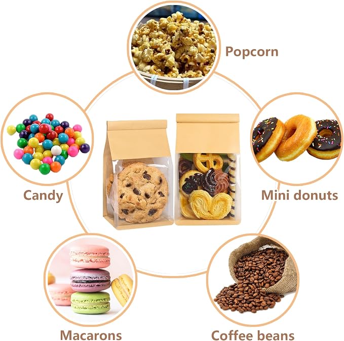50 Pack Cookie Bags with Seal, 8.2x3.9x3.1 Inch Tin Tie Tab Lock Bakery Bags with Window Resealable Paper Packaging Bag for Muffin, Granola, Candies, Scone, Brownie, Included 50 Thank You Stickers - Image 6