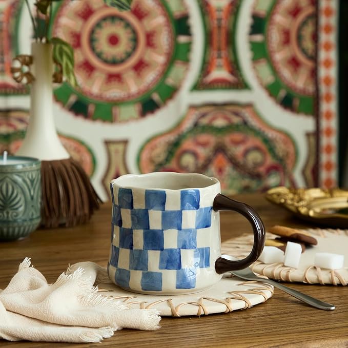 Retro Checkered Ceramic Coffee Mug 16Oz - Extra Large Handle, Microwave Safe Vintage Patterned Tea Cup for Home, Office Blue and White Checkered Pattern, Brown Handle by DelightsGalore