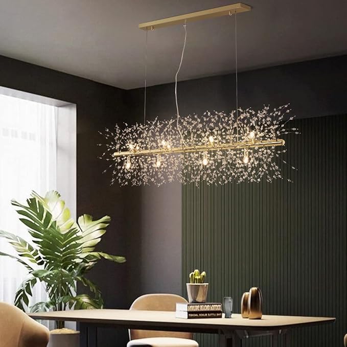 Modern Gold Crystal Firework Chandelier Linear Lighting Fixtures | 35.5" Sputnik Ceiling Light Fixture Rectangular Hanging Pendant Light for Kitchen Island Dining Room Living Room 12-Lights - Image 3