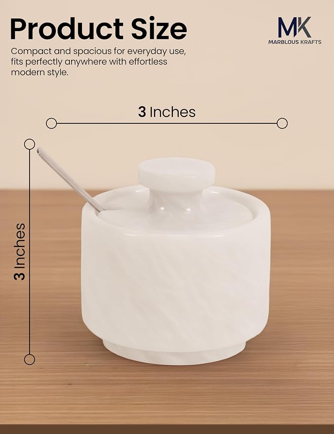 MARBLOUS KRAFTS Marble Salt Cellar 3" Inch White Celtic Salt, Seasoning Containers for Kitchen Decor, Set of 2 Spice Jars, Countertop Storage, Sugar Bowl with Lid and Spoon, Ideal Gift for New Home - Image 3