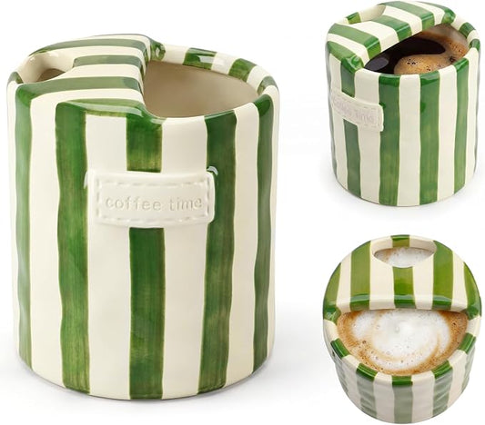 10oz Ceramic Coffee Mug with Sip Hole, Striped Espresso Cups for Hot & Cold Drinks and Microwave & Dishwasher & Freezer Safe, Ideal for Home Desk Kitchen Office Dorm Cafe Travel Daily - Green by Nisuez