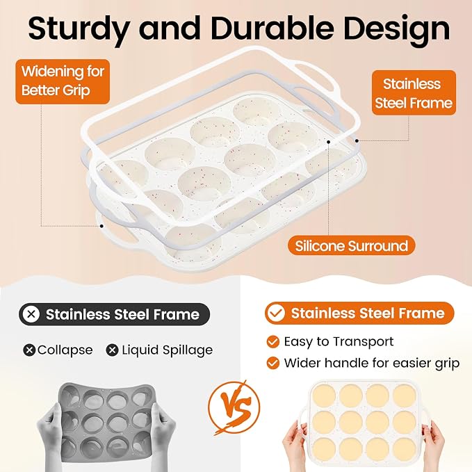 Silicone Muffin Pan with Metal Reinforced Frame - Muffin Pan for Homemade Muffins, Cupcakes, Muffin Cakes, and Bread, Oven and Dishwasher Safe (12 Cups×2pack) - Image 3
