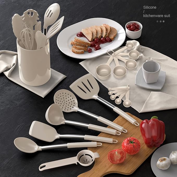 oannao Large Silicone Cooking Utensils Set - Heat Resistant Kitchen Utensils,Turner Tongs,Spatula,Spoon,Brush,Whisk,Stainless Steel Cooking Tool for Nonstick Cookware,Dishwasher Safe (Khaki) - Image 7