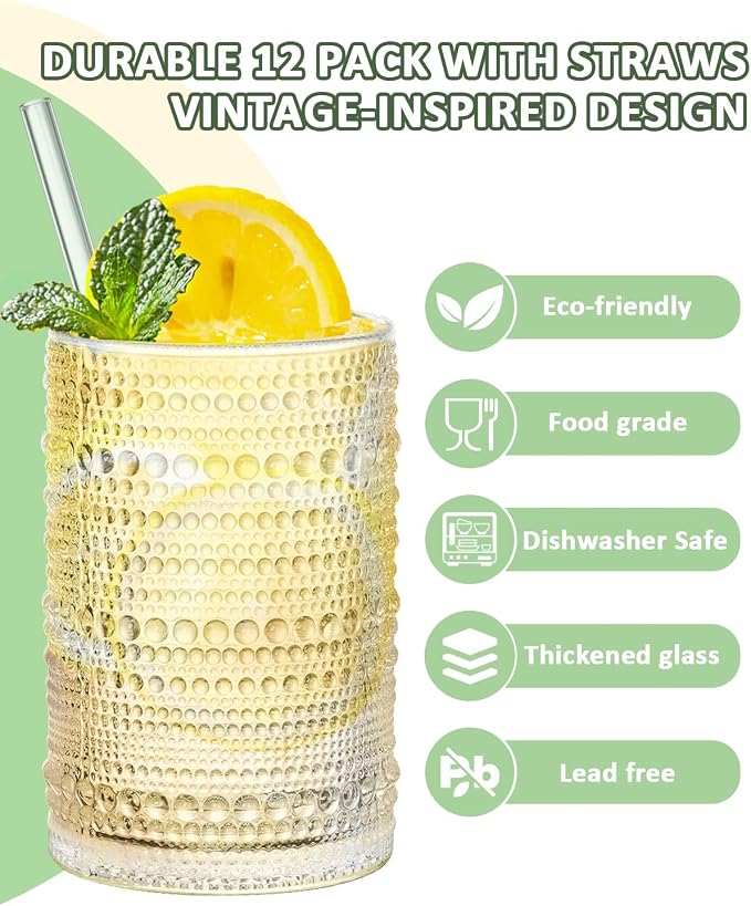 Large Capacity Glasses Drinking Set of 12, 15 oz Vintage Glassware Hobnail Glass Cups sets for Kitchen, Embossed Cocktail Glasses Set with Straws, for Beer, Juice, Cocktail, Whiskey, Milk - Image 3