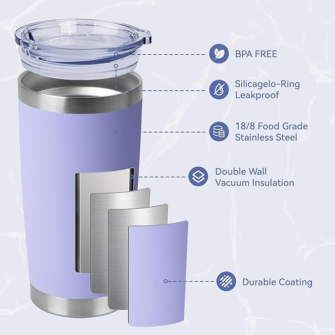 HASLE OUTFITTERS 20oz Stainless Steel Tumblers Bulk, Insulated Travel Cup with Lid, Double Wall Vacuum Coffee Mug for Cold & Hot Drinks 4 Pack, Light Purple - Image 2