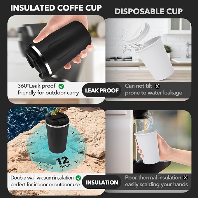 Volhoply 12 oz Double Wall Insulated Vacuum Travel Coffee Mugs with Flip Lid Bulk 2 Pack,Reusable Stainless Steel Leak Proof Coffee Cup,Portable Cafe Thermal Tumbler for Hot & Cold Drinks(Black,2 Set) - Image 3