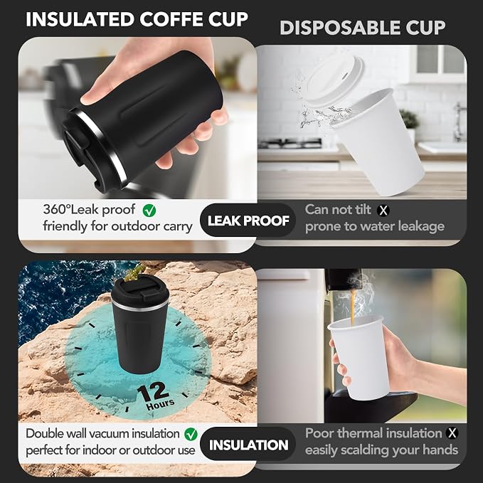 Volhoply 12 oz Double Wall Insulated Vacuum Travel Coffee Mug with Flip Lid,Reusable Stainless Steel Leak Proof Coffee Cup,Portable Iced Cafe Thermal Tumbler Suitable for Hot&Cold Drinks(Black,1 Set) - Image 3