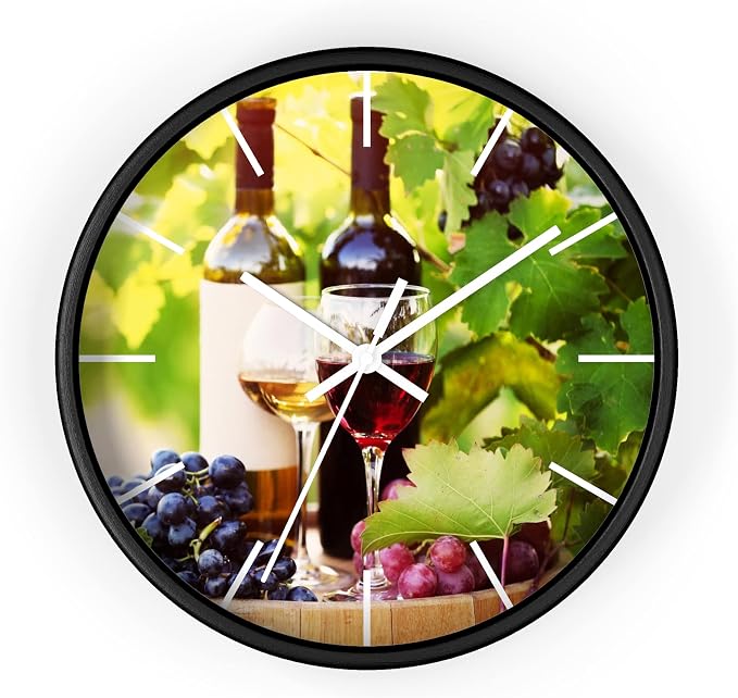 Mozingo ~ Wine Clock for Kitchen Bar Wall It's Wine O'clock Silent Time Gift Home Decor Made In USA, 10" (Hour Marks - Lines, Clock Frame Color - Black, Wine Theme #03) by Unknown