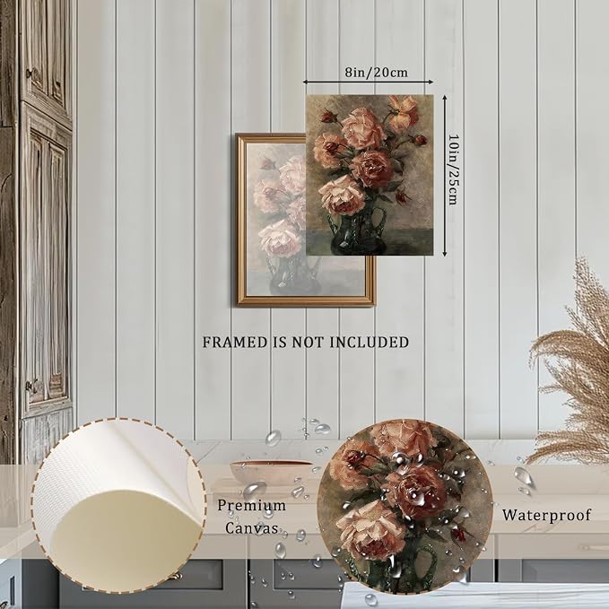 Wall Art Vintage, Retro Moody Floral Bathroom Canvas Painting Farmhouse Decor, Black Dark Classical Flower Still Life Prints, Canvas Wall Art for Bedroom, Living Room, Gallery, Vintage Wall Decor 8x10 No Frame - Image 3