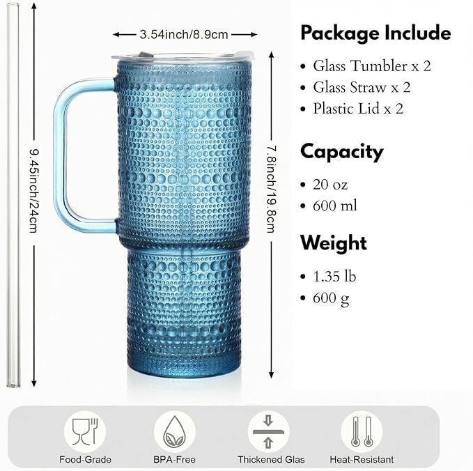 20 oz Blue Glass Tumbler with Lid and Straw, Glass Iced Coffee Cups, Spill-proof Glasses Tumbler with Handle, Glasses Drinking Set of 2, Vintage Glassware for Cocktail, Smoothies - Image 7