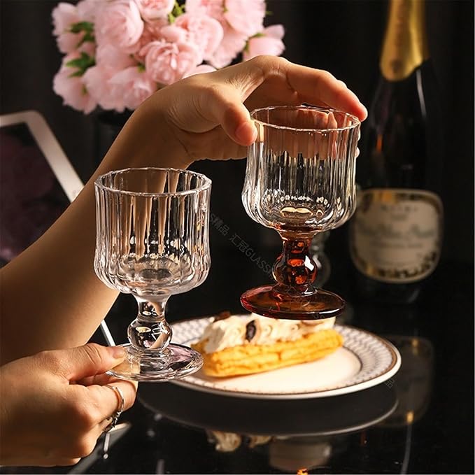 Water Glasses Vintage Ribbed Glass Goblets, 6 Oz Amber Footed Drinking Glasses Embossed Glassware for Home Kitchen - Image 6