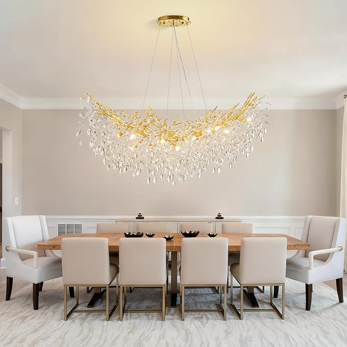 55" Crystal Tree Branch Chandelier Gold Rectangular Chandelier | 16 Lights Luxury Raindrop Chandeliers Modern Hanging Pendant Light Fixtures for Dining Room Kitchen Island Living Room - Image 4