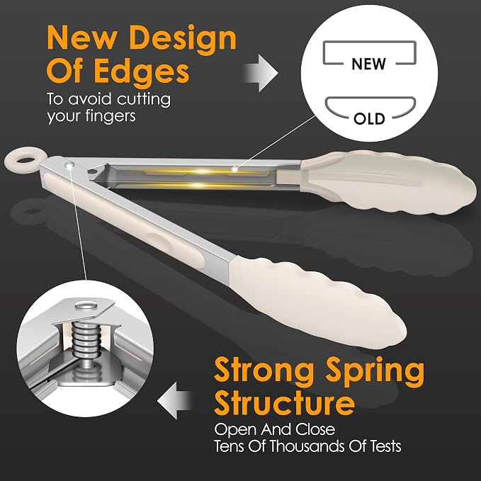 HOTEC Premium Stainless Steel Locking Kitchen Tongs with Silicon Tips, Set of 2-9" and 12",Khaki - Image 5