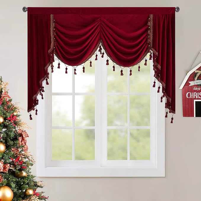 Theater Red Waterfall Valance Curtains W59 inches, 1 Panel | Super Soft Velvet Swag Valances for Christmas Holiday Decoration, Room Darkening Window Drapes for Kitchen, Bedroom by StangH