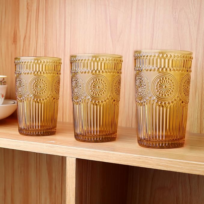 Loivttvv 6pcs Vintage Drinking Glasses Set, 12 oz Amber Highball Glasses, Embossed Ribbed Glassware Cups for Thanksgiving Cocktail, Juice, Whiskey - Image 4