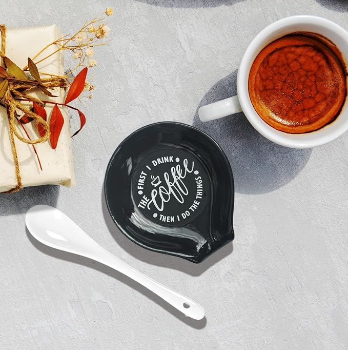 Littlefa Black Coffee Spoon Rest Holder-Coffee Bar Accessories | Funny Ceramic Coffee Spoon Rest for Coffee Bar Accessories Essentials, Coffee Lovers Gifts, But First I Drink Sign - Image 7
